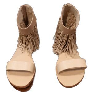 Loeffler Randall Women's Leather Fringe Tan Brown Sandals Shoes Size 5